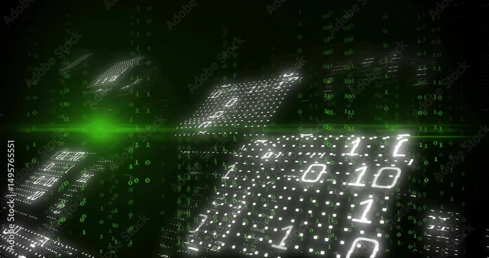 Poster panel grids lighting by binary streams cascading and green flare scanning to visualize data flow