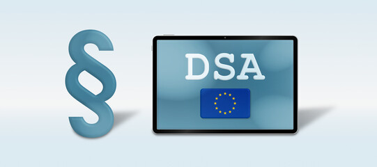 Illustration showing a paragraph symbol and a tablet displaying “DSA” with the EU flag, symbolizing the Digital Services Act and European online platform regulation in a digital context.