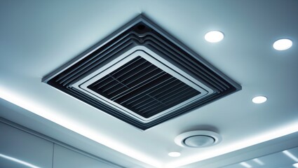 Ceiling-mounted cassette air conditioner paired with a stylish ceiling light. Ducted air conditioning for office or home environments.