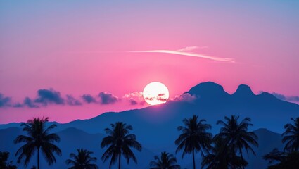 Tropical dawn showcasing a pink gradient sun along with the silhouette of palm trees and mountains beneath a blue sky