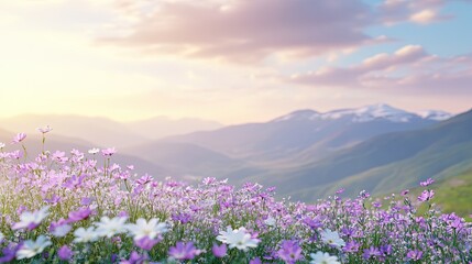 Obraz premium Mountain Meadow Filled with Purple Flowers at Sunset