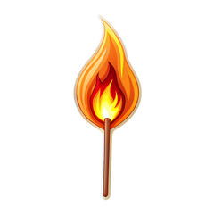 Burning matchstick illustration with bright flame isolated on transparent background, creating a striking visual element for various design applications