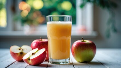 Fototapeta premium A glass of freshly squeezed apple juice resting on a table, background view