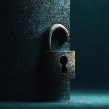 Rustic Unlocked Padlock Leaning on Textured Dark Blue Wall Reveals a Path to Freedom and New Opportunities.