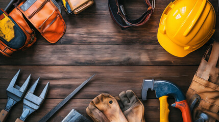 Labor day concepts. Symbols associated with Labor day and construction equipment and representations of manual labor. generated AI Illastration.