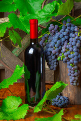 A bottle of red wine on the background of  grapes