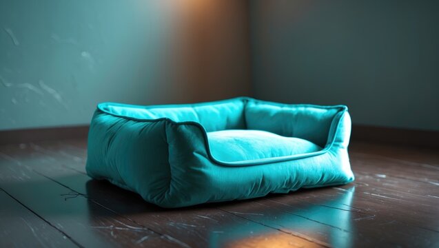 Turquoise blue soft fabric bed for pets, unoccupied and situated on a wooden floor indoors against a light gray wall, with room for text.