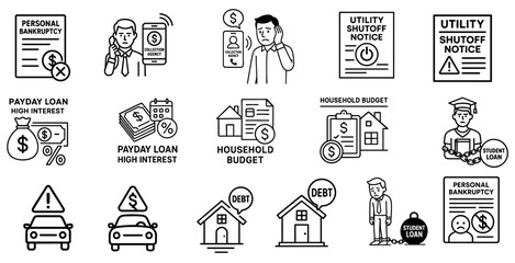 debt crisis visual concept. Financial issues and household budgeting illustrated with icons.