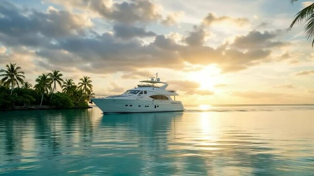 Yacht Reflecting on Lagoon Waters &ndash; Tropical Scenic Cruise in Warm Light