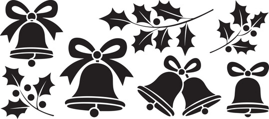 Christmas Bells Holly Berries Bow Silhouettes Design Elements