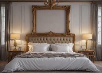 Big, ornate frame hanging above bed, visible bedding, decorative, decorative frame