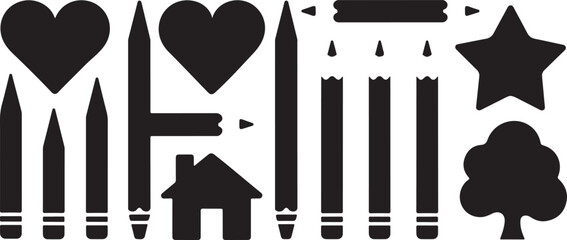 Black and White Pencil Icon Set with Shapes