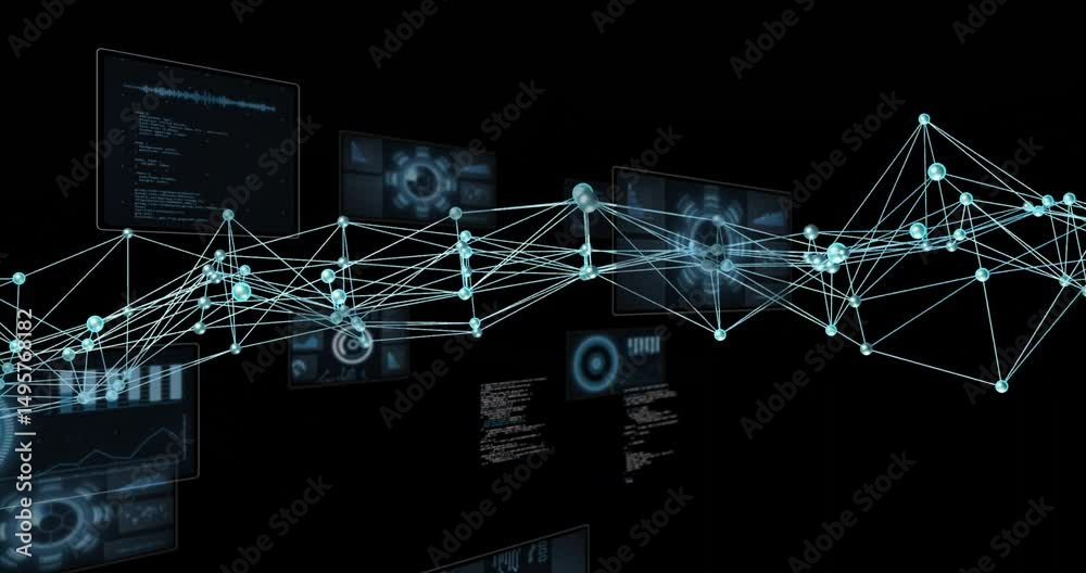 Poster turquoise network drifting in triggers ui panels appearing and connections forming for data display