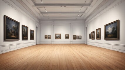 Obraz premium Classic museum room with framed paintings on white walls