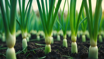 Obraz premium Multiple green onions growing in the vegetable patch.