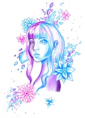 cute pink, violet and turquoise girl with flowers and splashes
