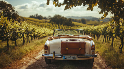 Vintage Convertible Car in Vineyard Road Trip