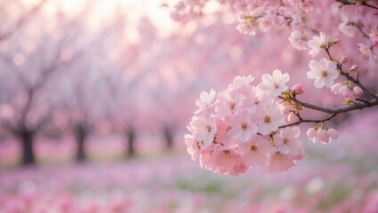 Fototapeta premium Sakura tree background featuring flower blooms and floral scenery in pink. Gorgeous sight of the blossoming tree. Blurred abstract orchard background. Springtime.