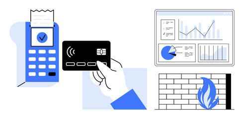 Payment terminal with receipt, a hand holding a contactless card, data analytics dashboard, and firewall. Ideal for finance, security, fintech, analytics, data protection e-commerce a simple