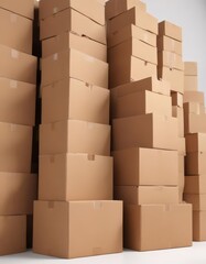 Neat stack of brown cardboard boxes on white background , delivery, texture