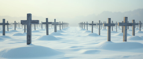 Winter Cemetery Covered in Fresh Snow with Aligned Wooden Crosses Fading into Dense Morning Fog, Symbolizing Remembrance, Silence, and Eternal Peace in Frozen Landscape