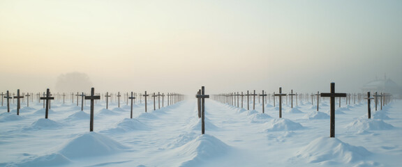 Winter Cemetery Covered in Fresh Snow with Aligned Wooden Crosses Fading into Dense Morning Fog, Symbolizing Remembrance, Silence, and Eternal Peace in Frozen Landscape