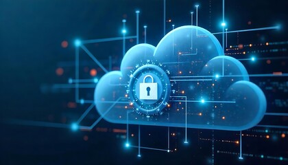 A cloud computing diagram with Syber security of cloud network, with secure network connections and a central lock symbol, Cloud Security, dynamic and dramatic compositions, created with generative ai
