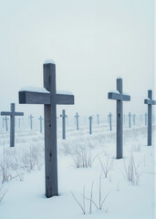 Winter Cemetery Covered in Fresh Snow with Aligned Wooden Crosses Fading into Dense Morning Fog, Symbolizing Remembrance, Silence, and Eternal Peace in Frozen Landscape