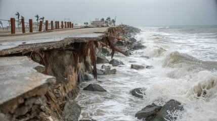 A stunning image of seawall Collapse from Extreme Ocean Erosion After Powerful Hurricane, Crumbling Road, Concrete Chunks, Reinforcement Bars Dangling, Waves Crashing, Turbulent.