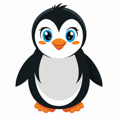 A fluffy baby penguin with bright blue eyes and orange feet stands looking forward with white background