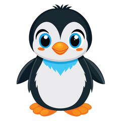 A fluffy baby penguin with bright blue eyes and orange feet stands looking forward with white background