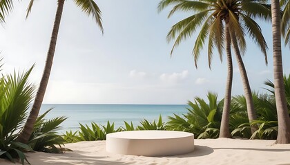 Fototapeta premium stage for an empty podium or pedestal platform, cosmetic products in mockup, product display platform with palm tree backdrop, created with generative ai