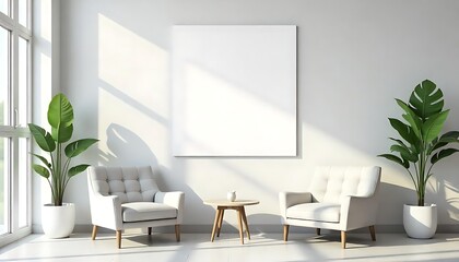 Mockup of an empty white poster on the wall in a modern hospital waiting room with comfortable chairs and medical equipment, created with generative ai