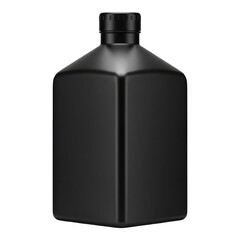Matte black plastic bottle with a square shape and round neck in a minimalist design