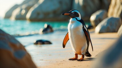 African penguin, known as jackass and black-footed penguin, on a beach of sand in Boulders colony.