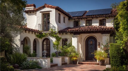 A stunning image of solar Panels on Spanish Revival Villa in Santa Barbara, California, Stucco Home with Red-Tiled Roof, Arched Doorways, Wrought-Iron Details, Clean Energy.