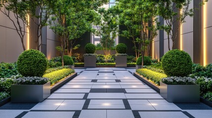 Fototapeta premium Modern urban oasis: Evening view of a tranquil courtyard garden with geometric pathways and lush greenery