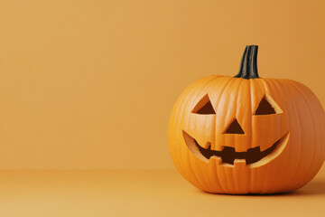 Classic carved pumpkin lantern on minimalist orange background signifying halloween spirit