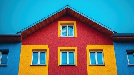Obraz premium Vivid house facade, gable roof, bright, colorful walls