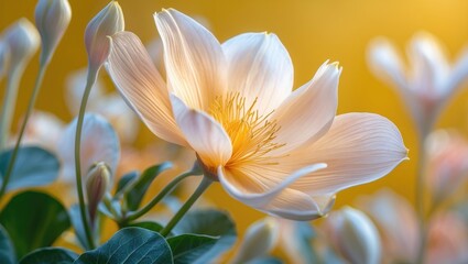 Fototapeta premium Charming landscape serving as a backdrop. Design for flower art. Macro abstract photography of Soft Flower. Yellow backdrop. Wallpaper with creative touch. In-depth view.