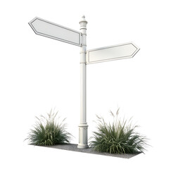 Obraz premium White Street Sign Post with Two Blank Arrow-Shaped Signs and Green Grass Bushes