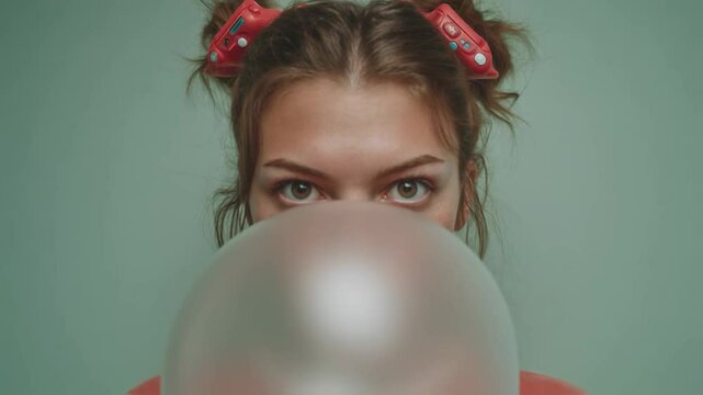 Playful young woman with pigtails and an intense gaze blows a large pink bubble gum bubble against a teal background, capturing a rebellious youth spirit and playful fun for lifestyle ads