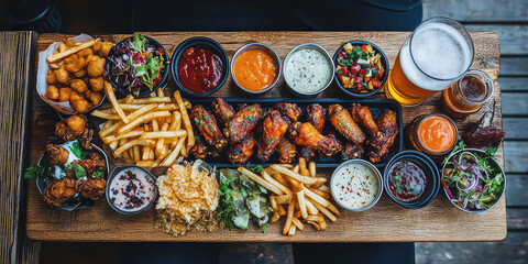 Delicious platter of fried chicken wings fries salad and sauces with a glass of beer
