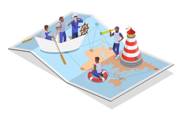 3D Isometric Flat  Illustration of Marine Workers In The Ocean, Ship Crew