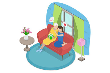3D Isometric Flat  Illustration of Celebrating Mothers Day, Embracing Women In The Family