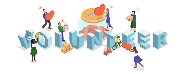 3D Isometric Flat  Illustration of Community of Volunteers, Volunteering For A Good Cause, Charity Concept.