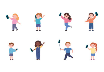 Pink And Blue kids selfie phone communication technology Illustrations Set