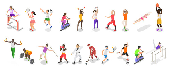 3D Isometric Flat  Illustration of Sports People, Athletic Sports With Balls And Rackets - A Dynamic Combination