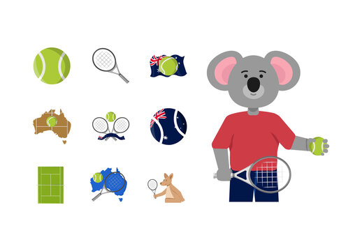 Green And Blue Australia Tennis Koala Kangaroo Flags Illustrations Set