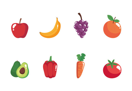 Red And Yellow Apple Banana Avocado Tomato Carrot Illustrations Set